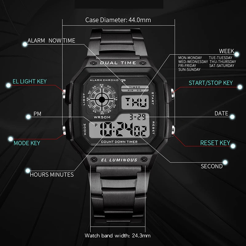 Digital Watch/Stainless Steel Strap/ Waterproof/Led