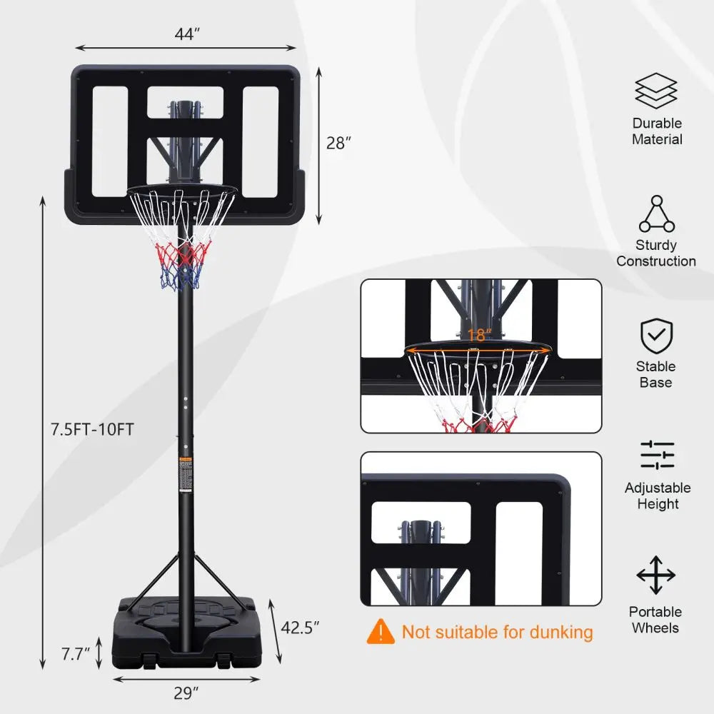 Basketball Hoop - Height Adjustable 7.5ft - 10ft with 44 Inch Backboard and Wheels